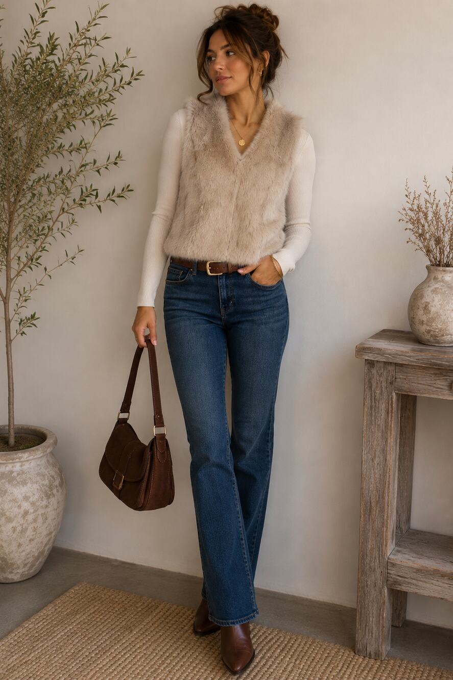 Rabbit Fur & Wool Blend Knit Vest Beige Fur Sweater Vest Cozy Winter Layer S/M